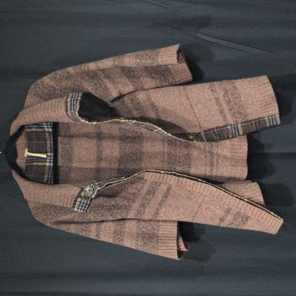 Free People Vintage/Retro Look M Wool Blend Button Cardigan Sweater Brown Plaid - Picture 7 of 8